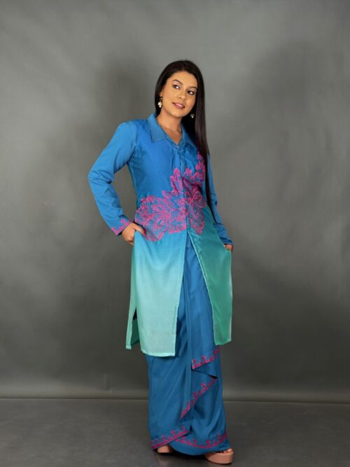 Ocean Bloom Firoza & Aqua Blue Embroidered Fusion Set
