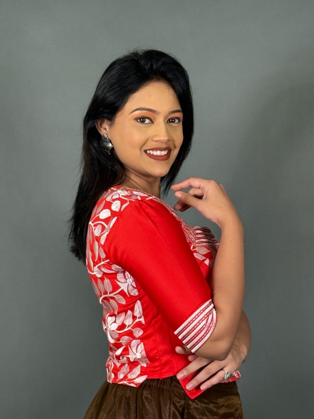 Crimson Grace Embroidered Red & White Malai Cotton Blouse - Image 3