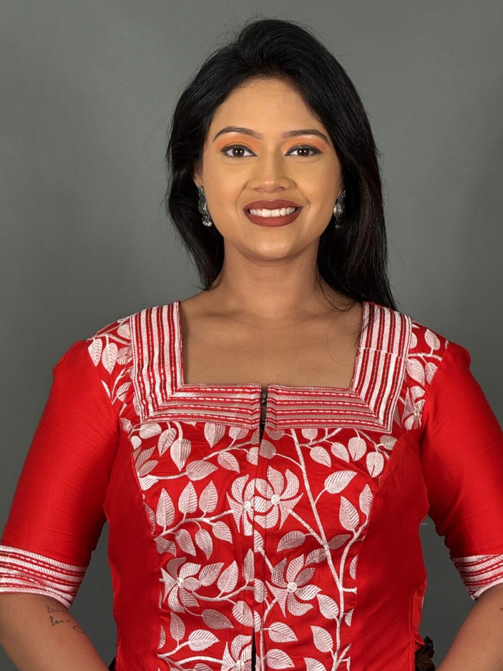 Crimson Grace Embroidered Red & White Malai Cotton Blouse