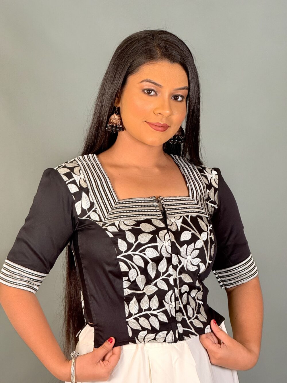 Plus Size Black & White Embroidered Blouse - Image 2