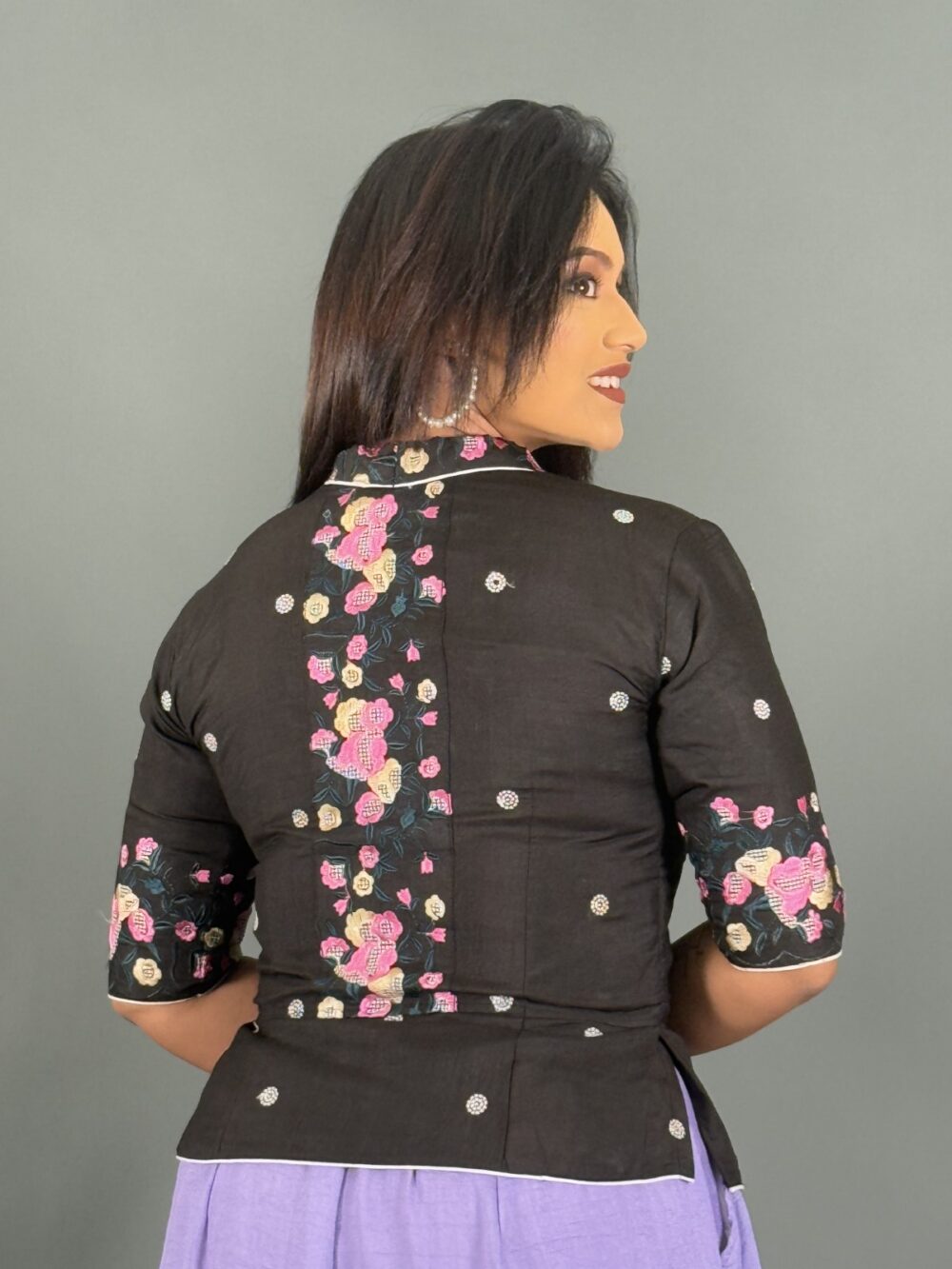 Noir Grace Black Tussar Blazer-Style Party Blouse - Image 2