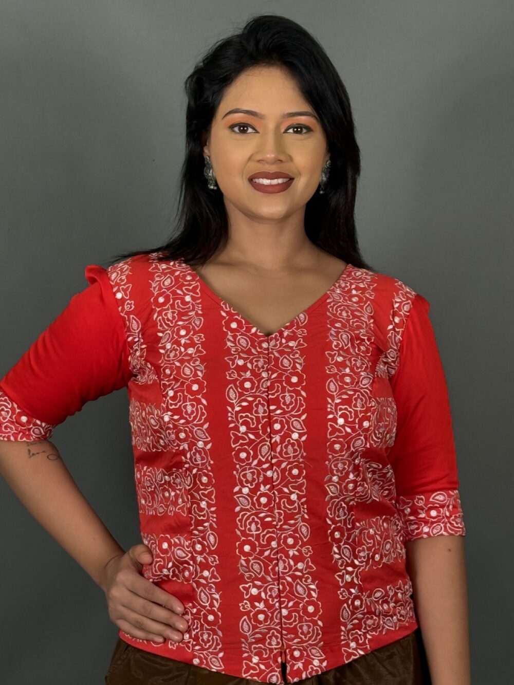 Radiant Red Embroidered V-Neck Blouse Elegance - Image 3