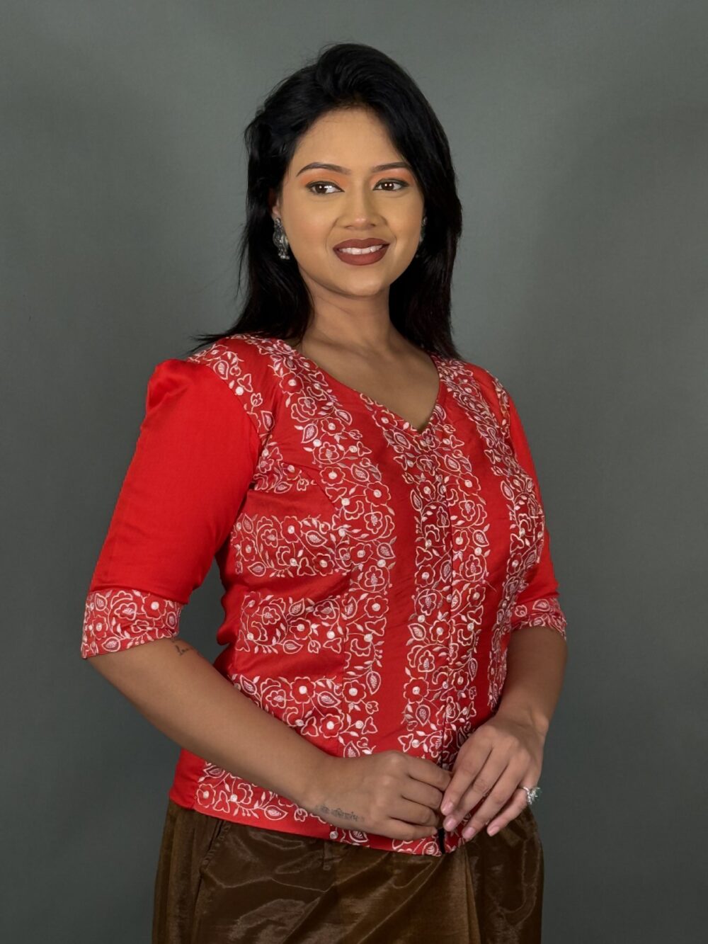 Radiant Red Embroidered V-Neck Blouse Elegance