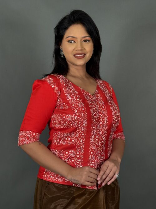 Radiant Red Embroidered V-Neck Blouse Elegance