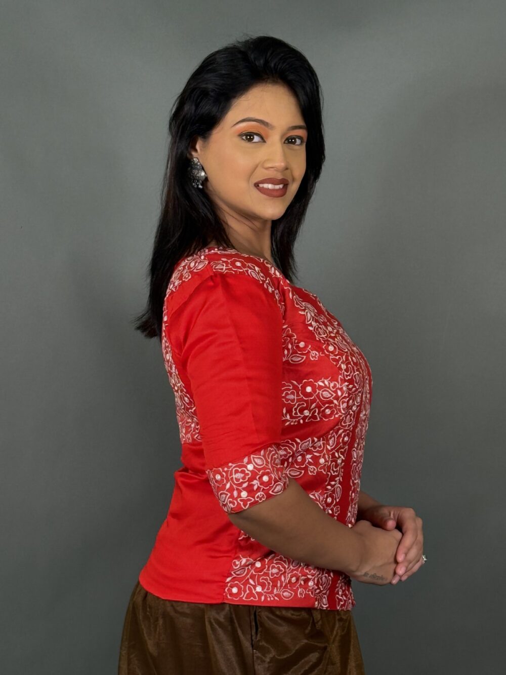 Radiant Red Embroidered V-Neck Blouse Elegance - Image 4