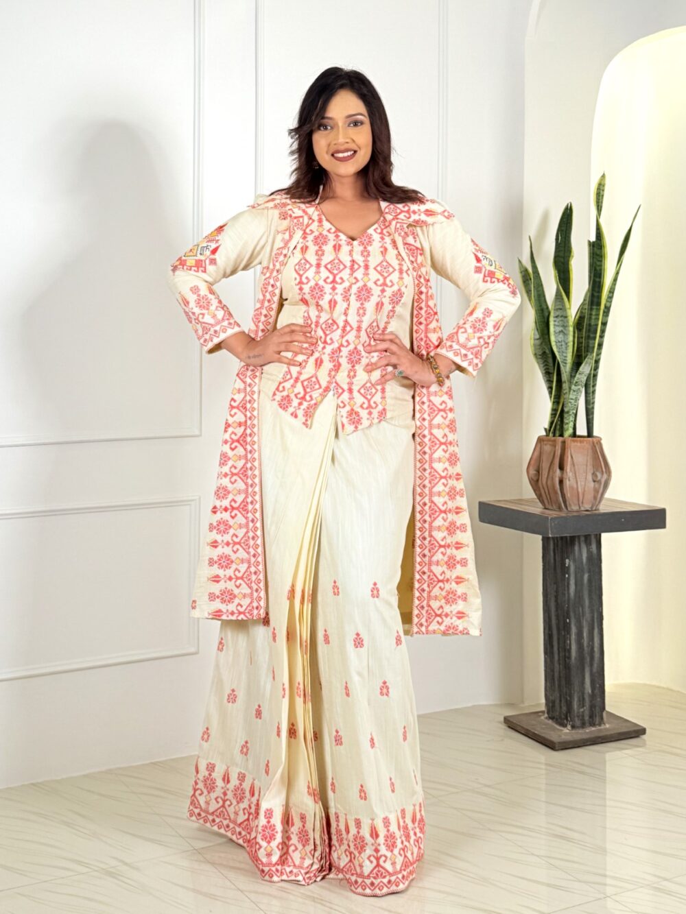 Empress Elegance Red & White Embroidered Fusion Set - Image 2