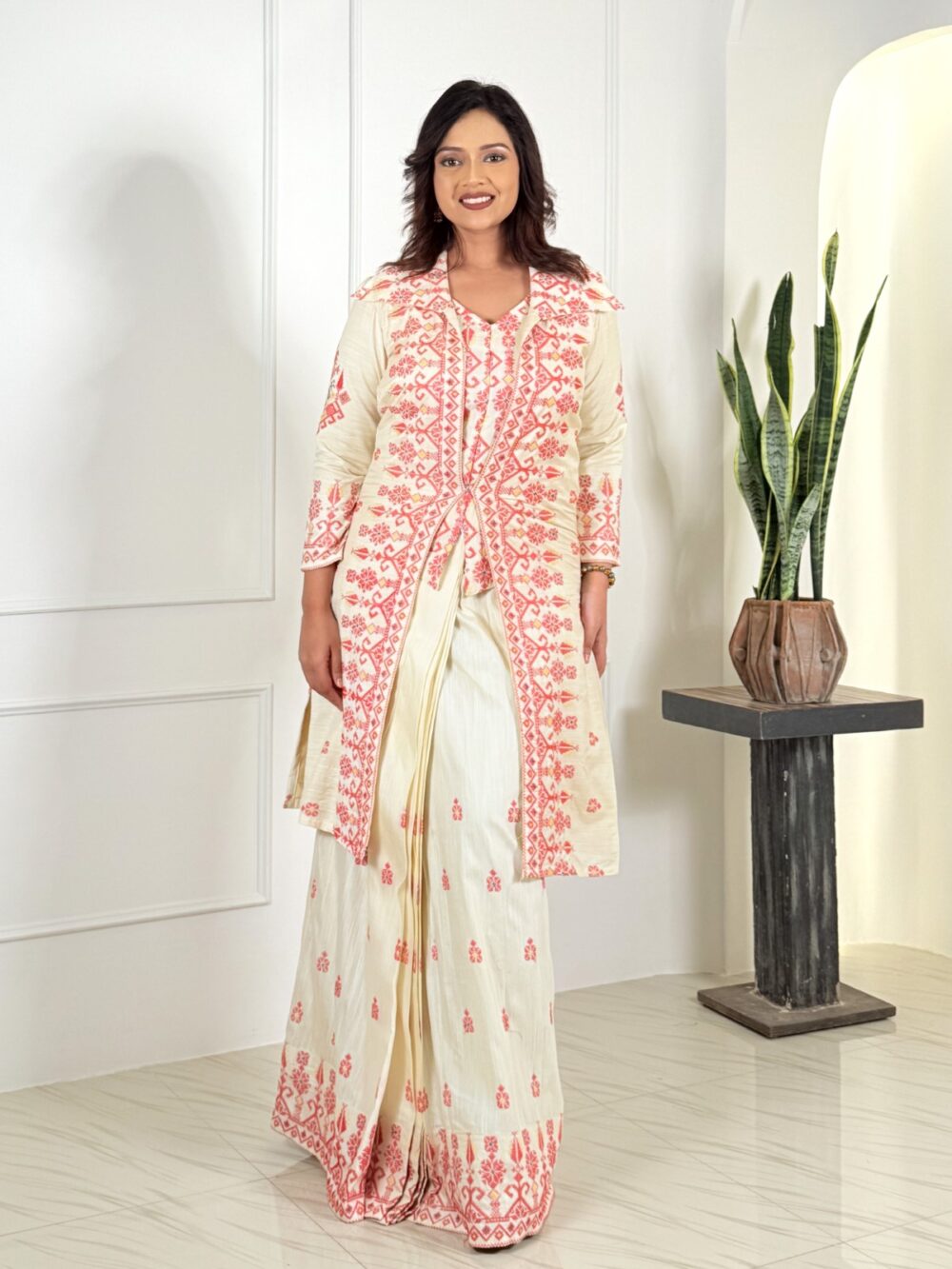 Empress Elegance Red & White Embroidered Fusion Set - Image 3