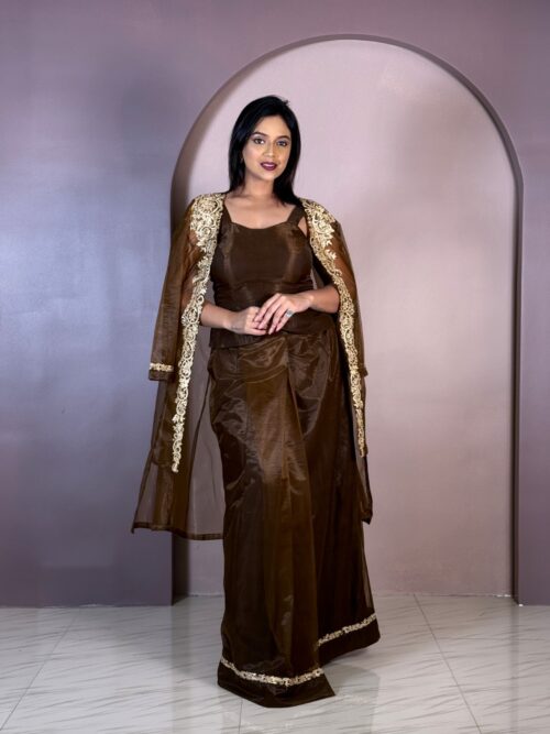 Gilded Mocha Embroidered Fusion Set with Jacket