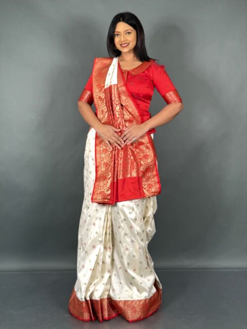 Plus Size Red & White Katan Benarasi Fusion Set