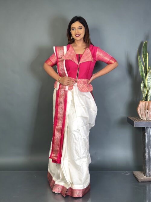 Grace Royale Plus Size Ready Saree Set – Pink & White