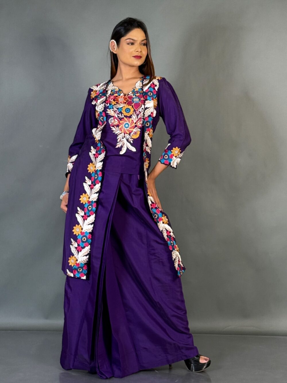 Elegant Purple Italian Crepe Saree-Style Slim Skirt