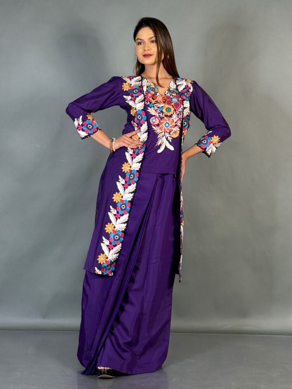 Elegant Purple Italian Crepe Saree-Style Slim Skirt - Image 2