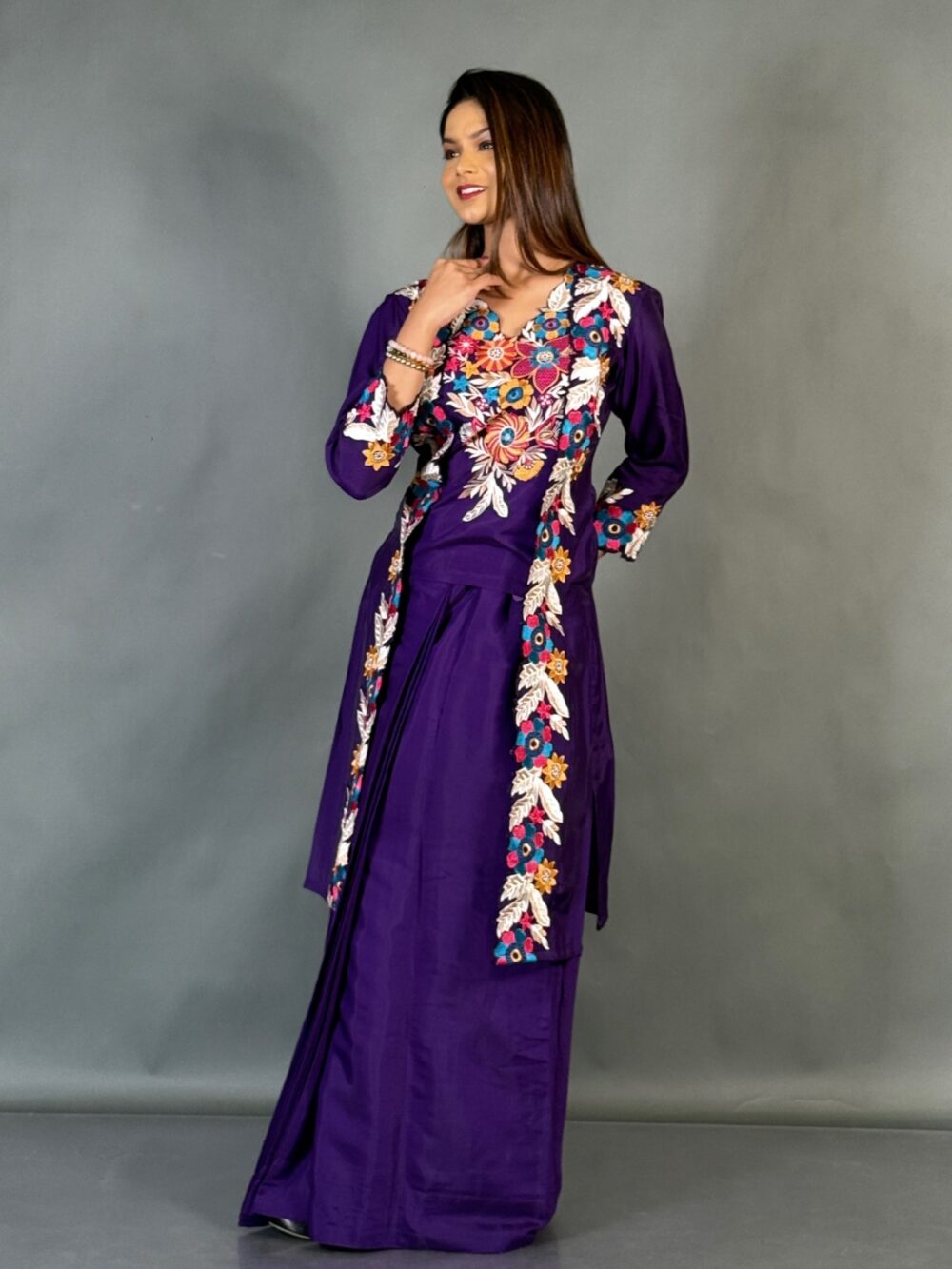 Elegant Purple Italian Crepe Saree-Style Slim Skirt - Image 3