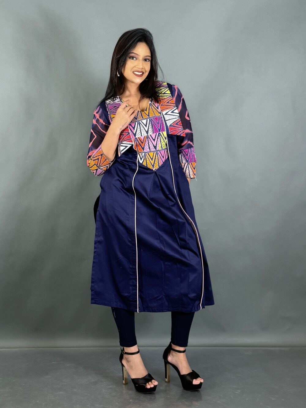 Midnight Petals Navy Flared Kantha Kurti