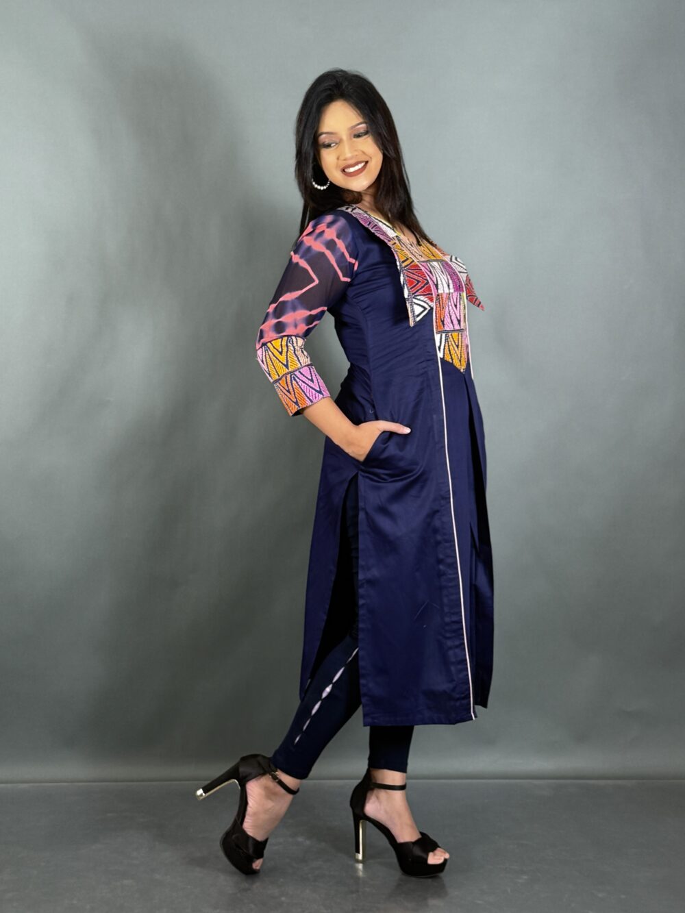 Midnight Petals Navy Flared Kantha Kurti - Image 2