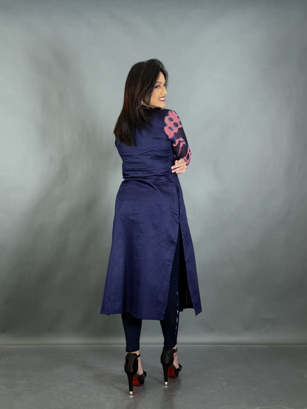 Midnight Petals Navy Flared Kantha Kurti - Image 3