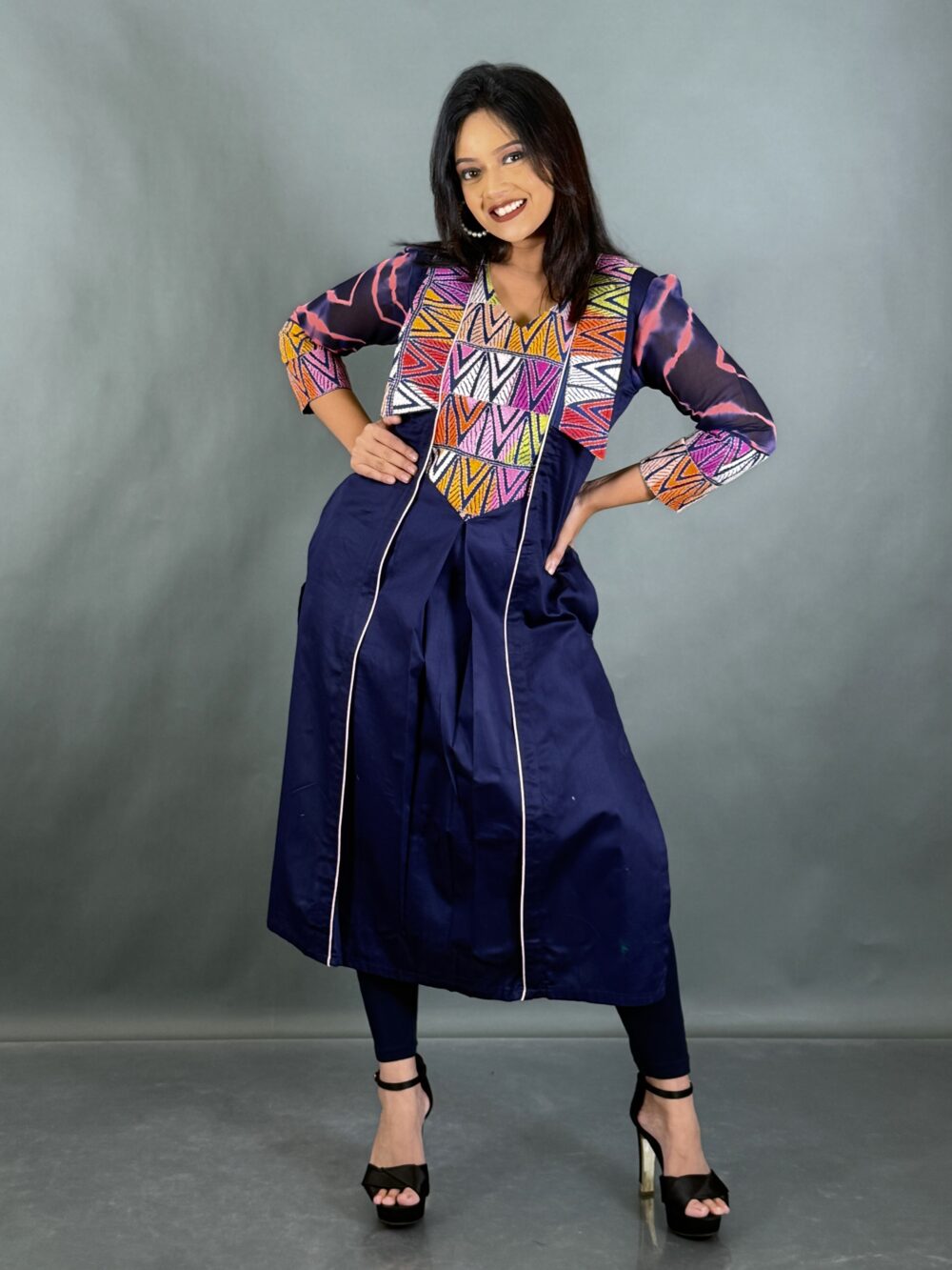 Midnight Petals Navy Flared Kantha Kurti - Image 4