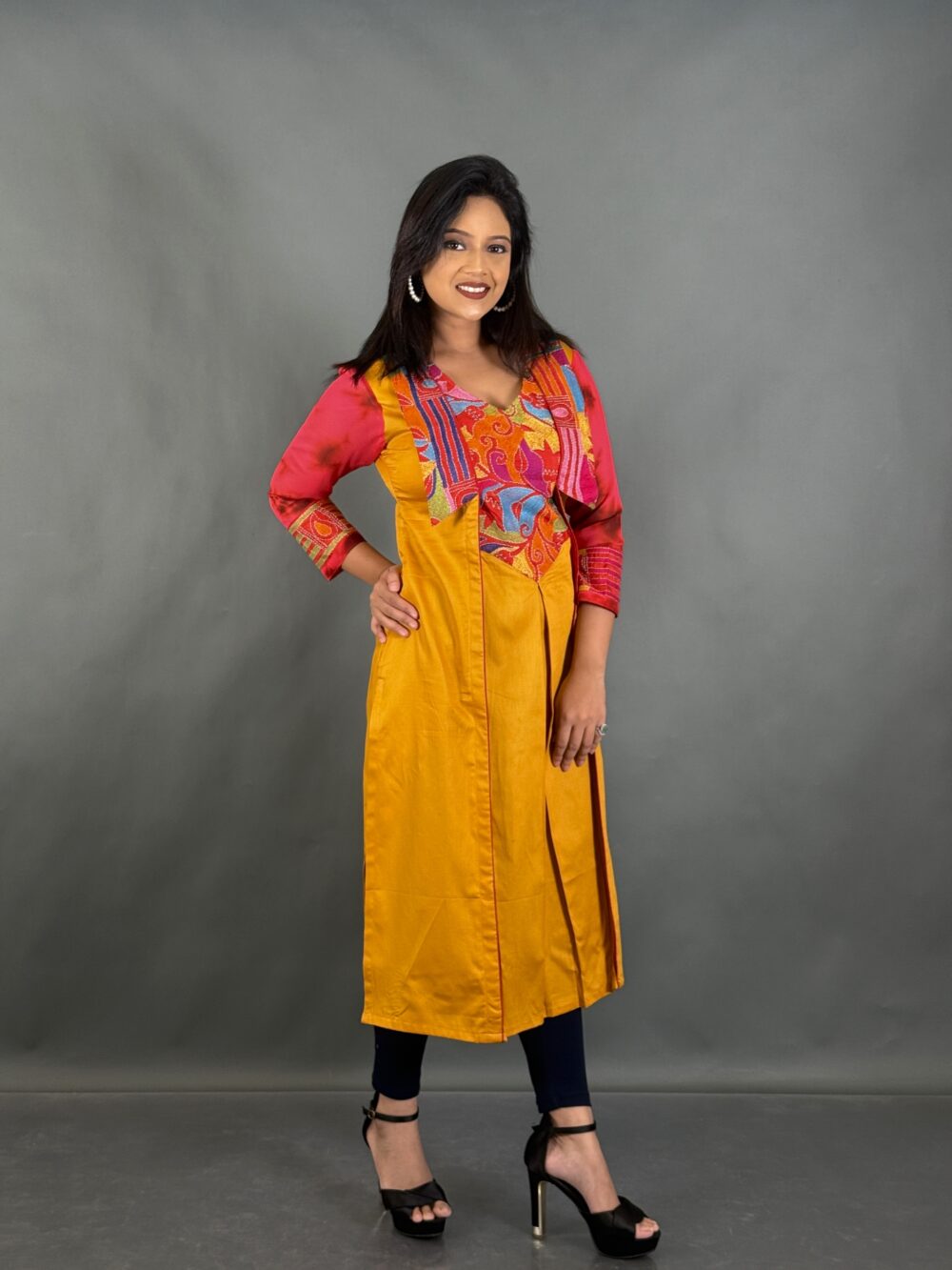 Sunlit Grace Mustard Kantha Kurti for Curvy Women