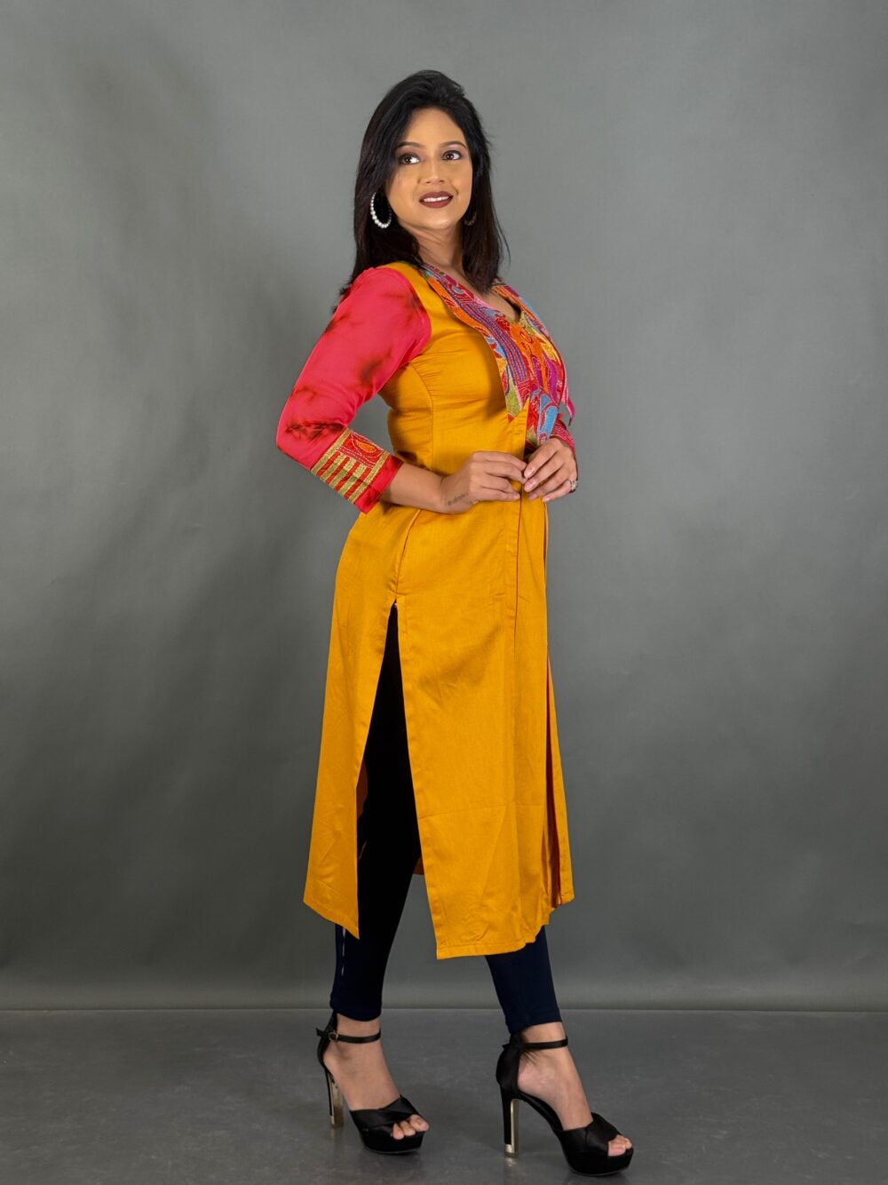 Sunlit Grace Mustard Kantha Kurti for Curvy Women - Image 4