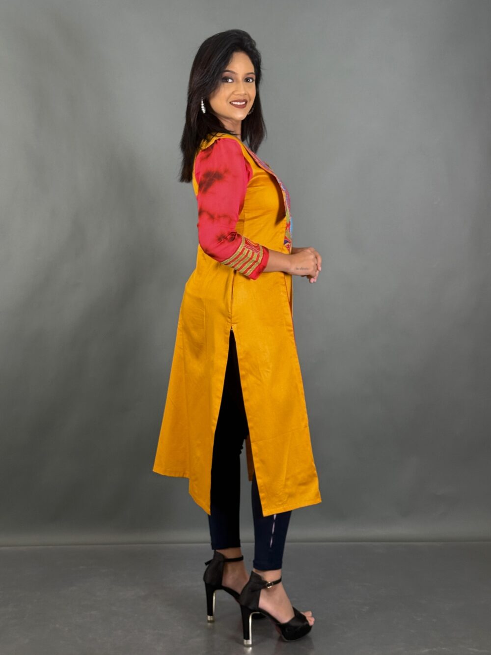Golden Bloom: Mustard Yellow Kantha Flared Kurti - Image 4