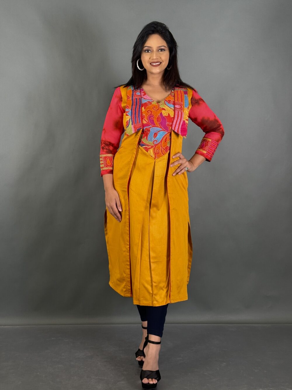 Sunlit Grace Mustard Kantha Kurti for Curvy Women - Image 2