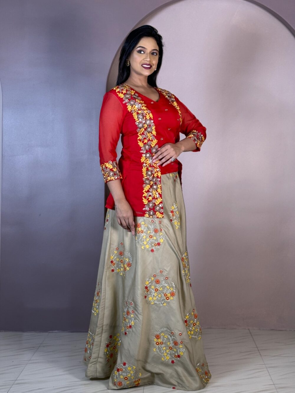 Golden Embrace Red & Gold Plus Size Lehenga Set - Image 3