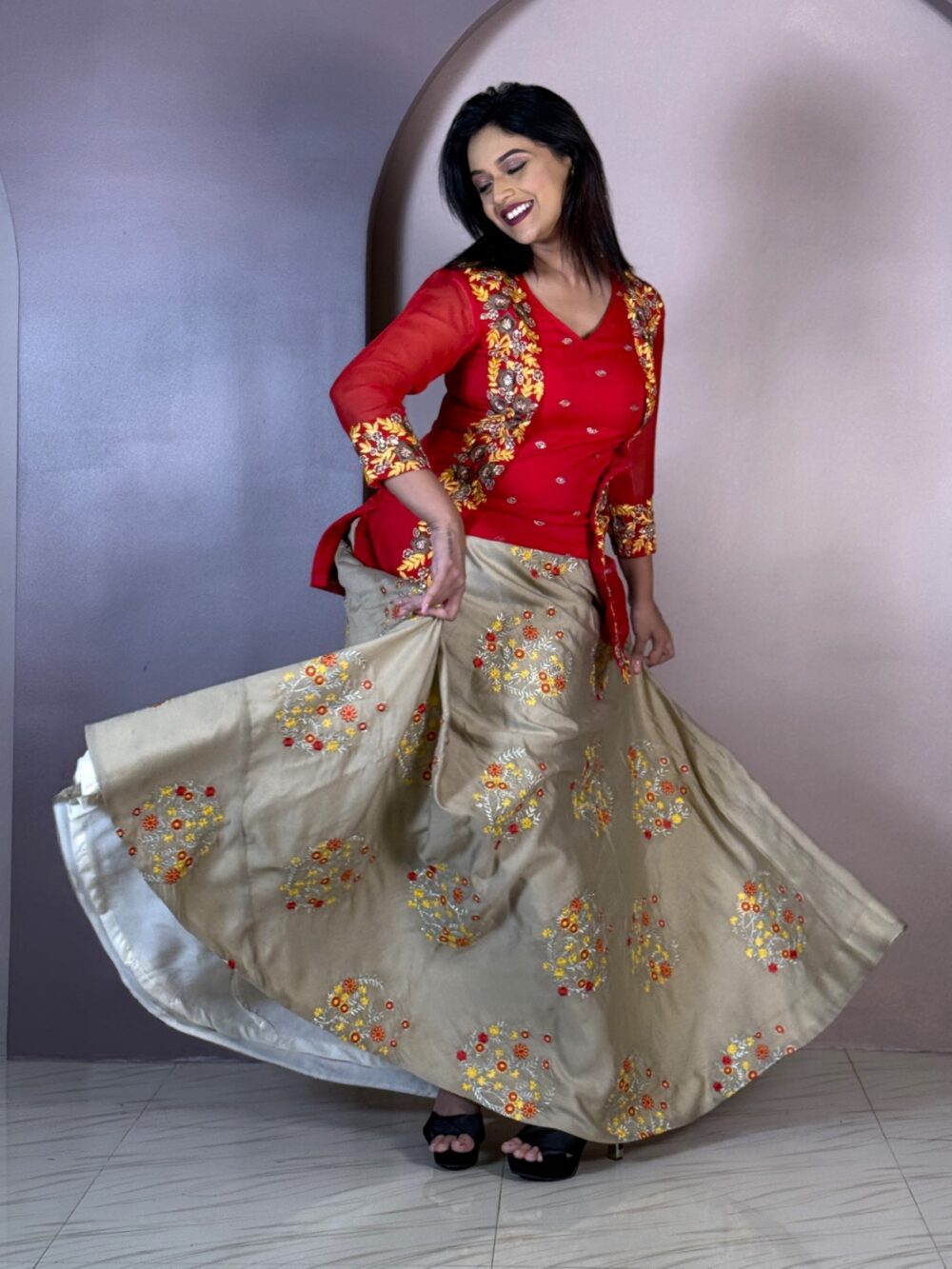 Golden Embrace Red & Gold Plus Size Lehenga Set - Image 5