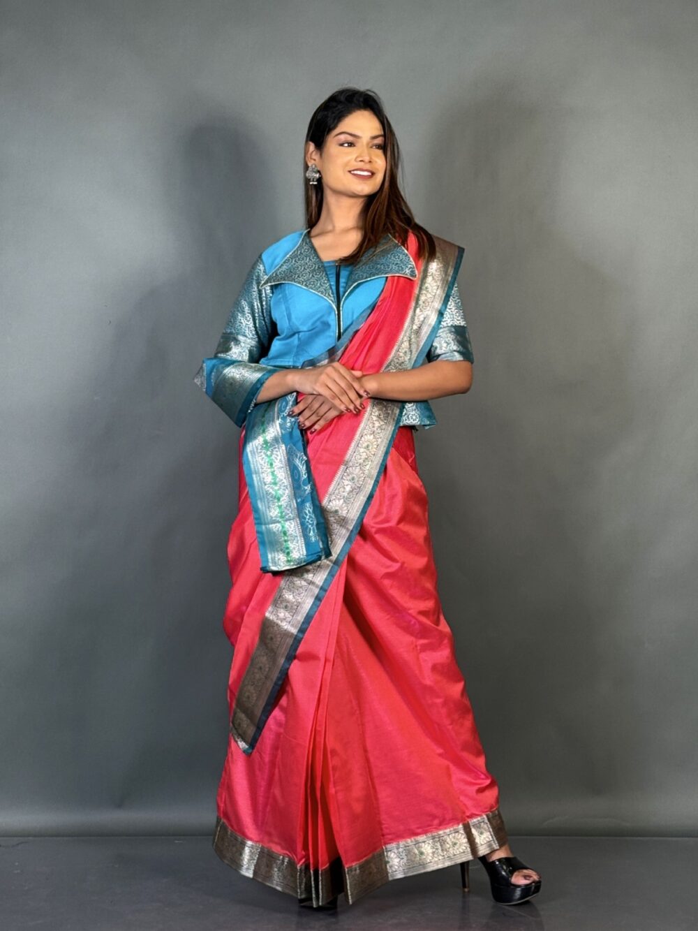Firoza Pink Plus-Size Ready-to-Wear Saree Set