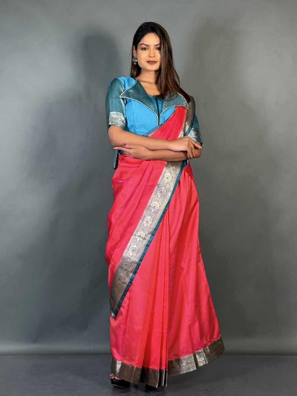 Firoza Pink Plus-Size Ready-to-Wear Saree Set - Image 3
