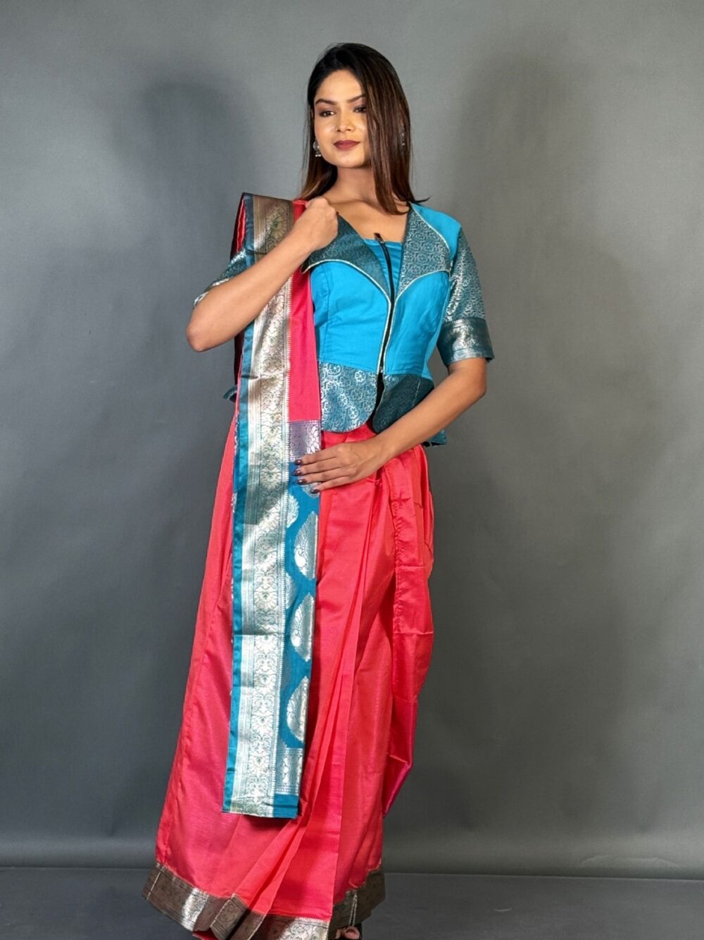 Firoza Pink Plus-Size Ready-to-Wear Saree Set - Image 5