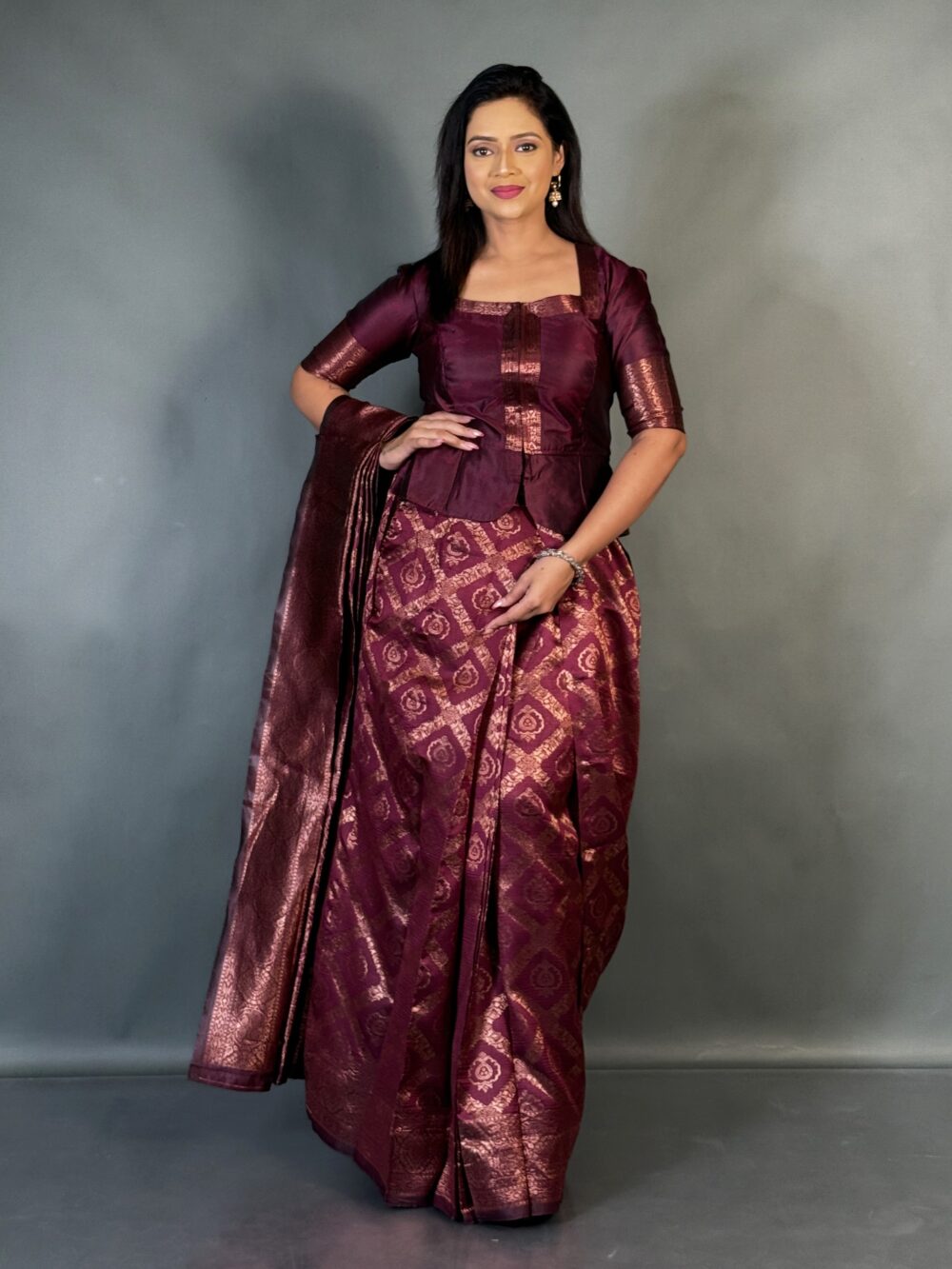 Wine Whisper Semi Tussar Ready Saree Set - Image 2