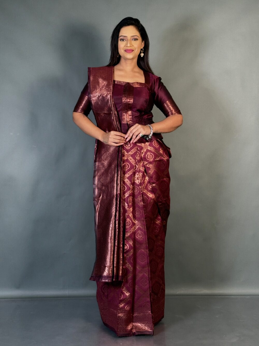 Wine Whisper Semi Tussar Ready Saree Set - Image 3