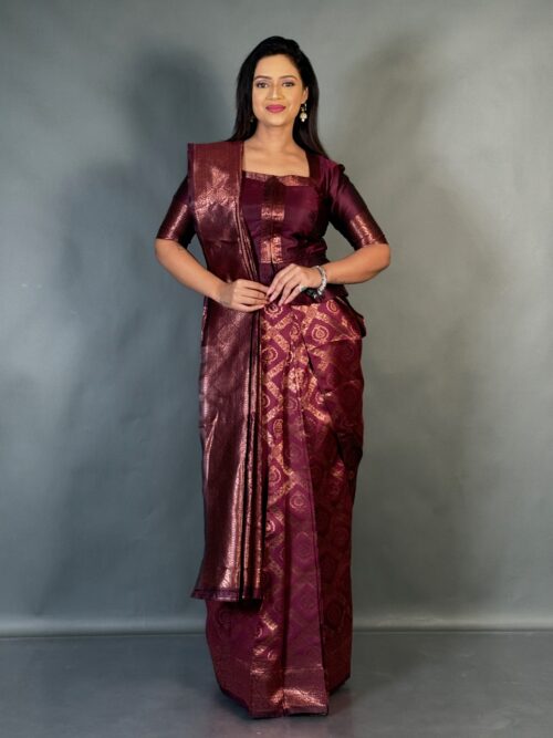 Wine Aura Tussar Ready-to-Wear Saree Set