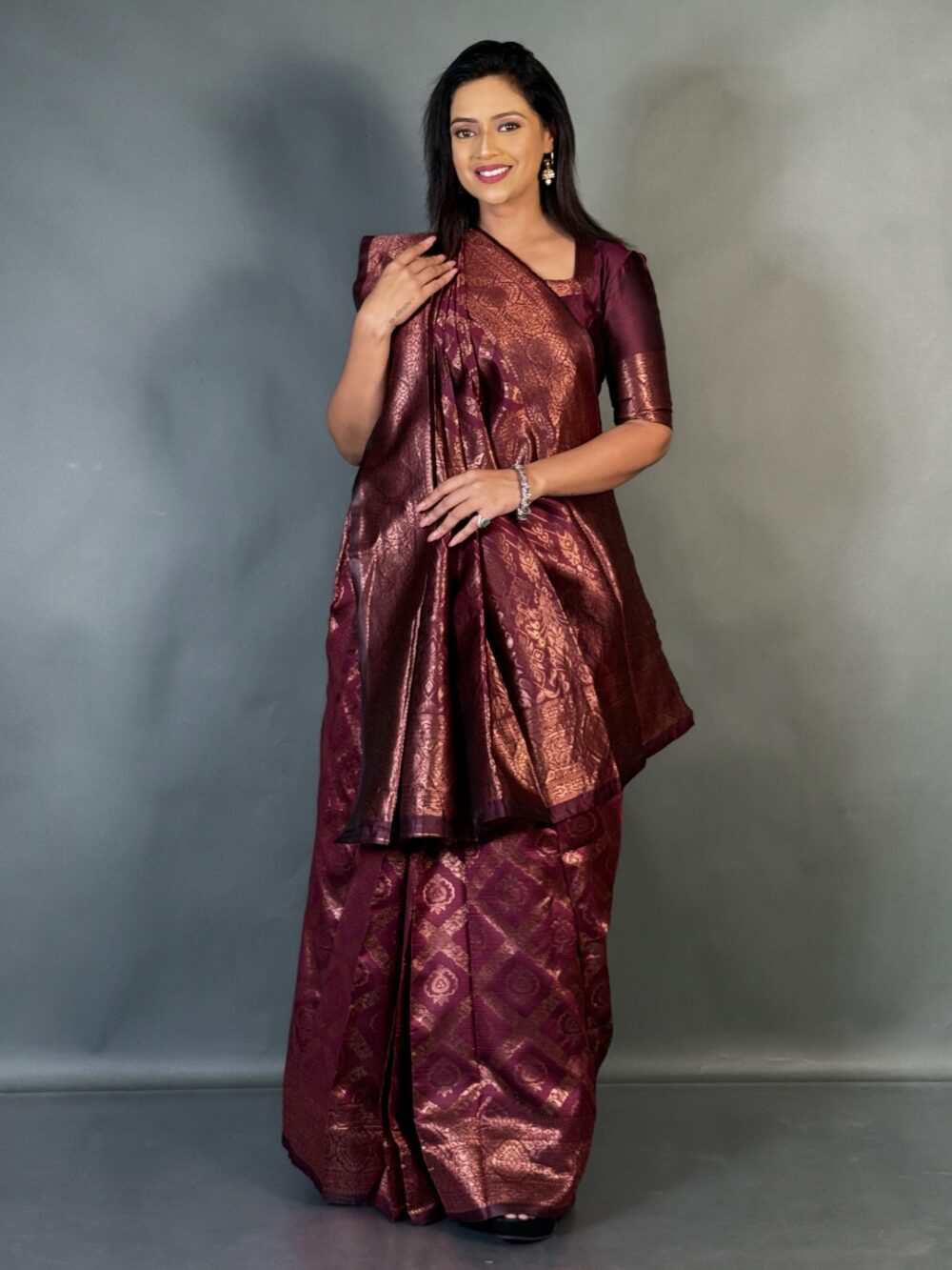 Wine Whisper Semi Tussar Ready Saree Set - Image 4