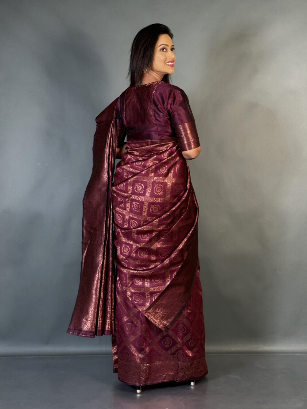 Wine Whisper Semi Tussar Ready Saree Set - Image 5