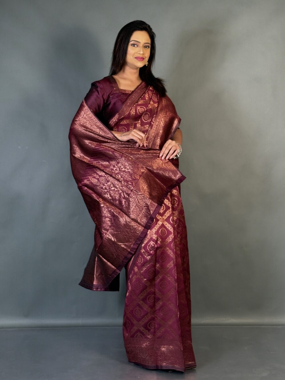 Wine Whisper Semi Tussar Ready Saree Set - Image 6