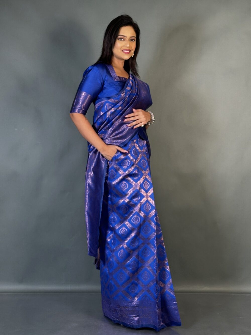 Blue Enchant Semi Tussar Ready to Wear Saree Set - Image 2