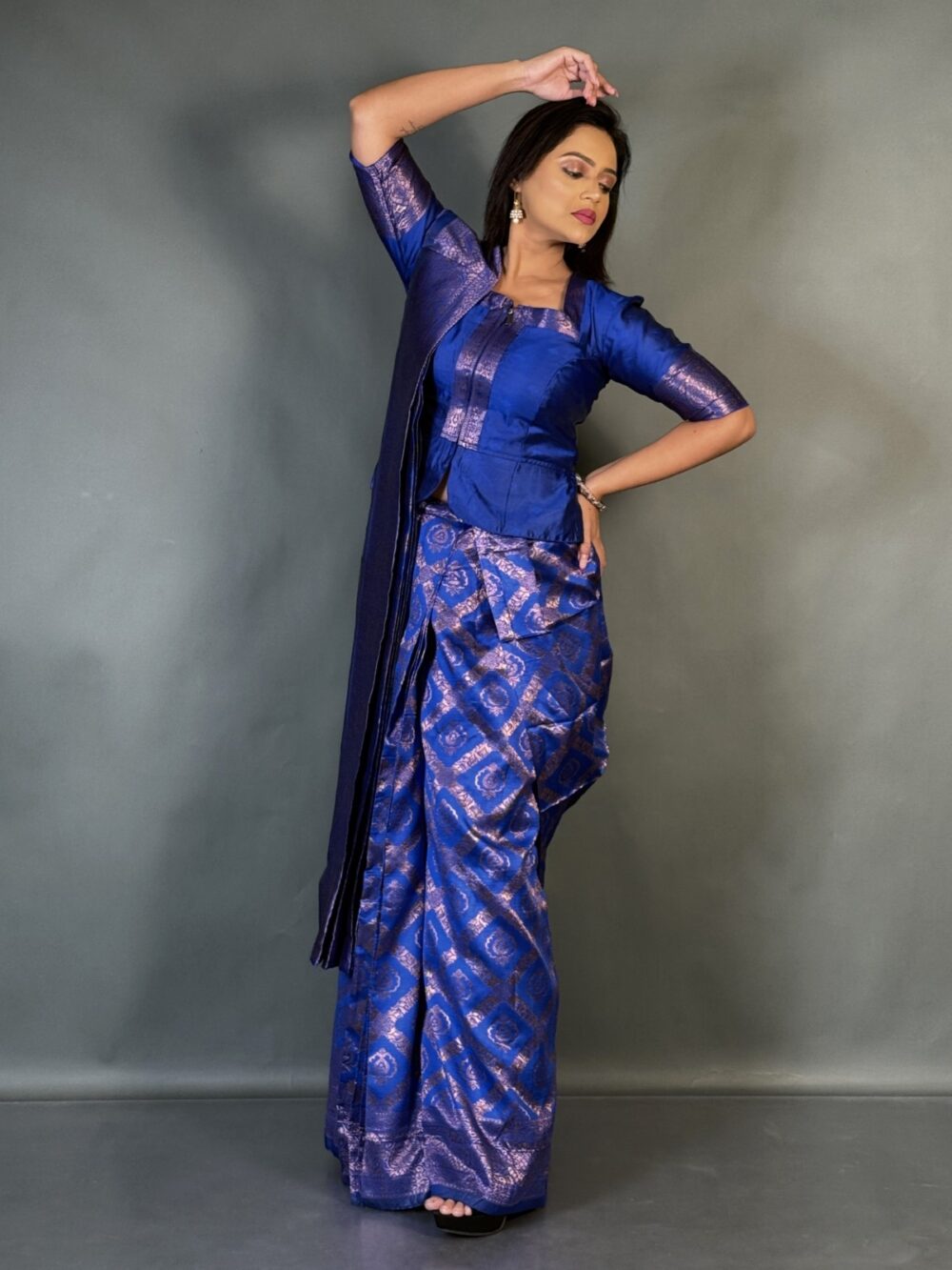 Blue Enchant Semi Tussar Ready to Wear Saree Set - Image 4