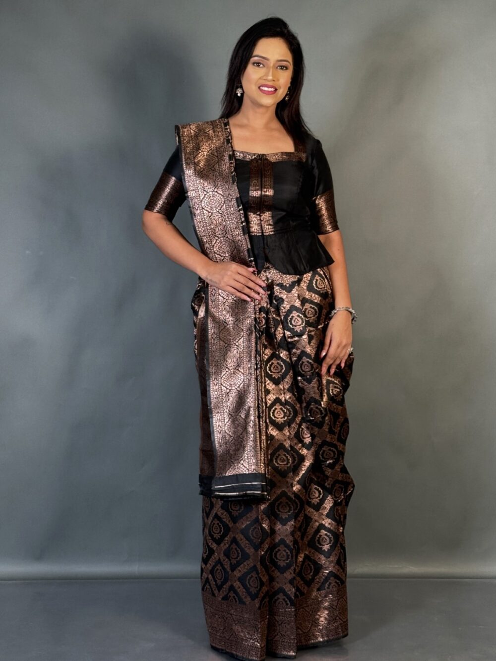 Elegant Black Semi-Tussar Benarasi Ready-to-Wear saree Set - Image 2