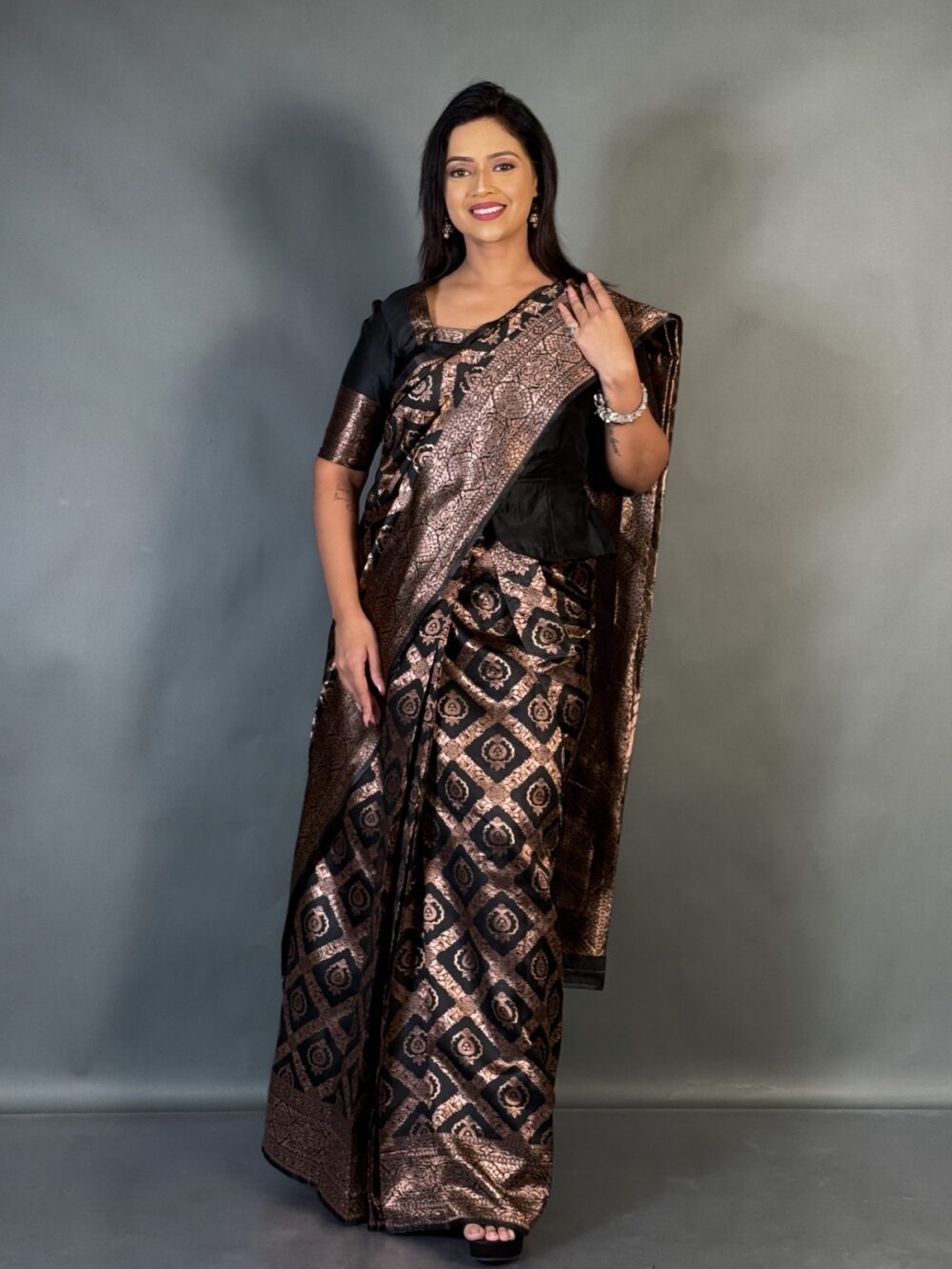 Elegant Black Semi-Tussar Benarasi Ready-to-Wear saree Set - Image 3