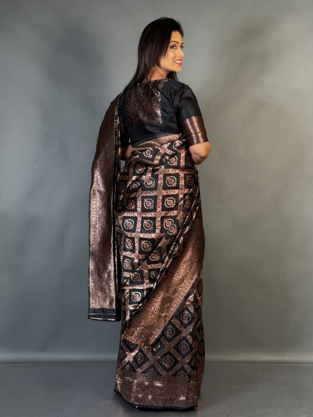 Elegant Black Semi-Tussar Benarasi Ready-to-Wear saree Set - Image 4