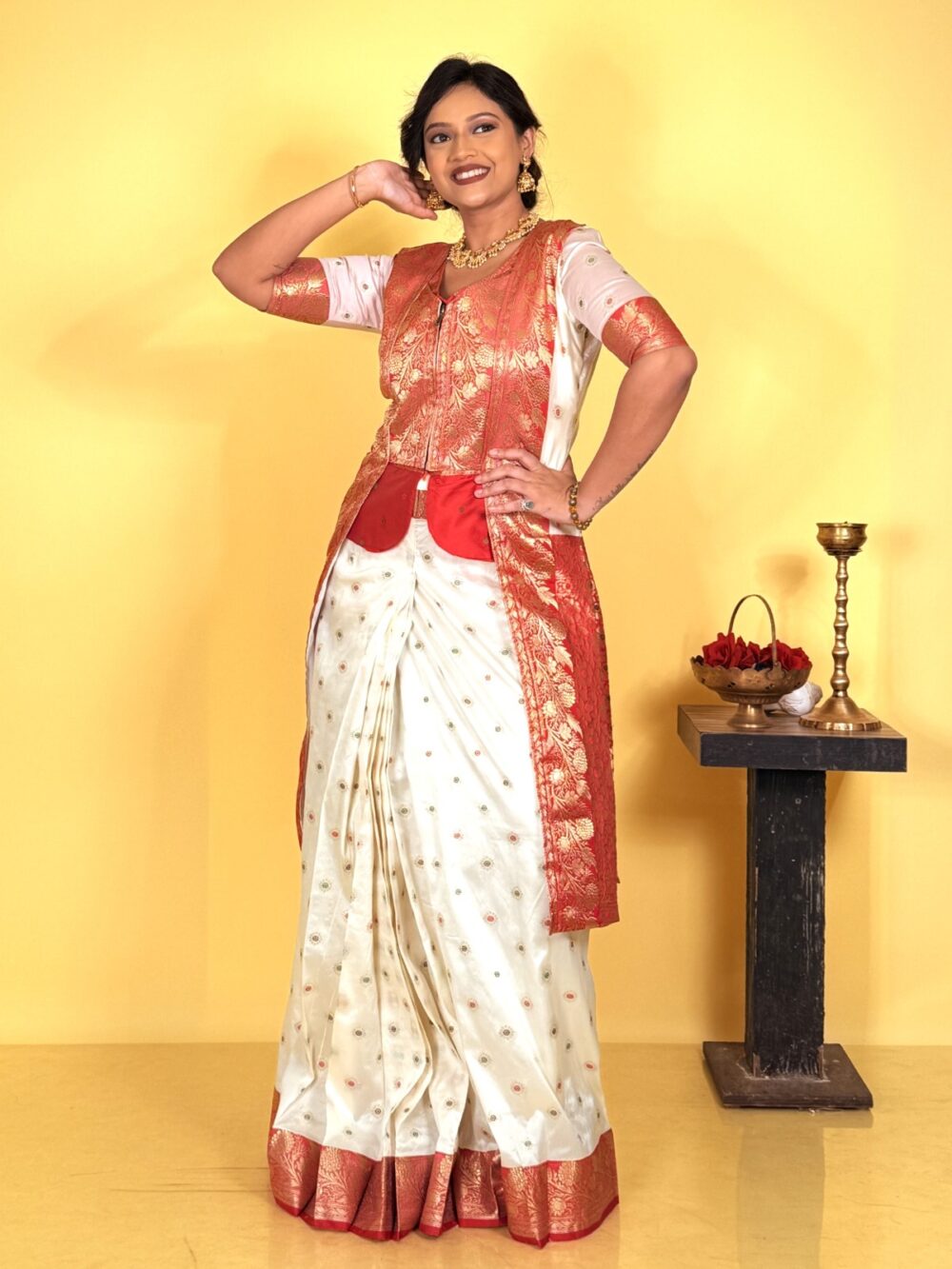 Ethereal Red & White Semi Katan Benarasi Fusion Set