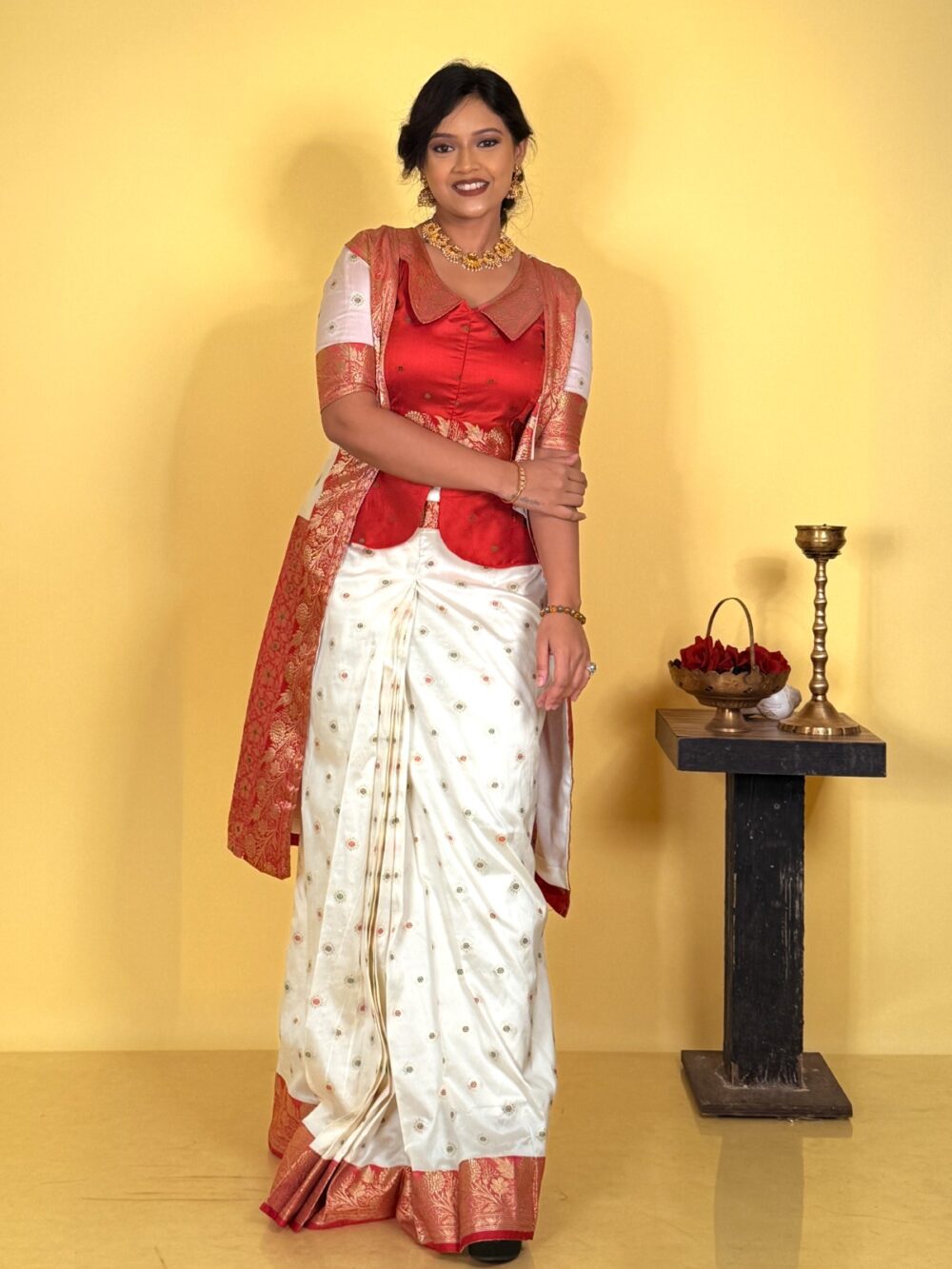 Ethereal Red & White Semi Katan Benarasi Fusion Set - Image 2