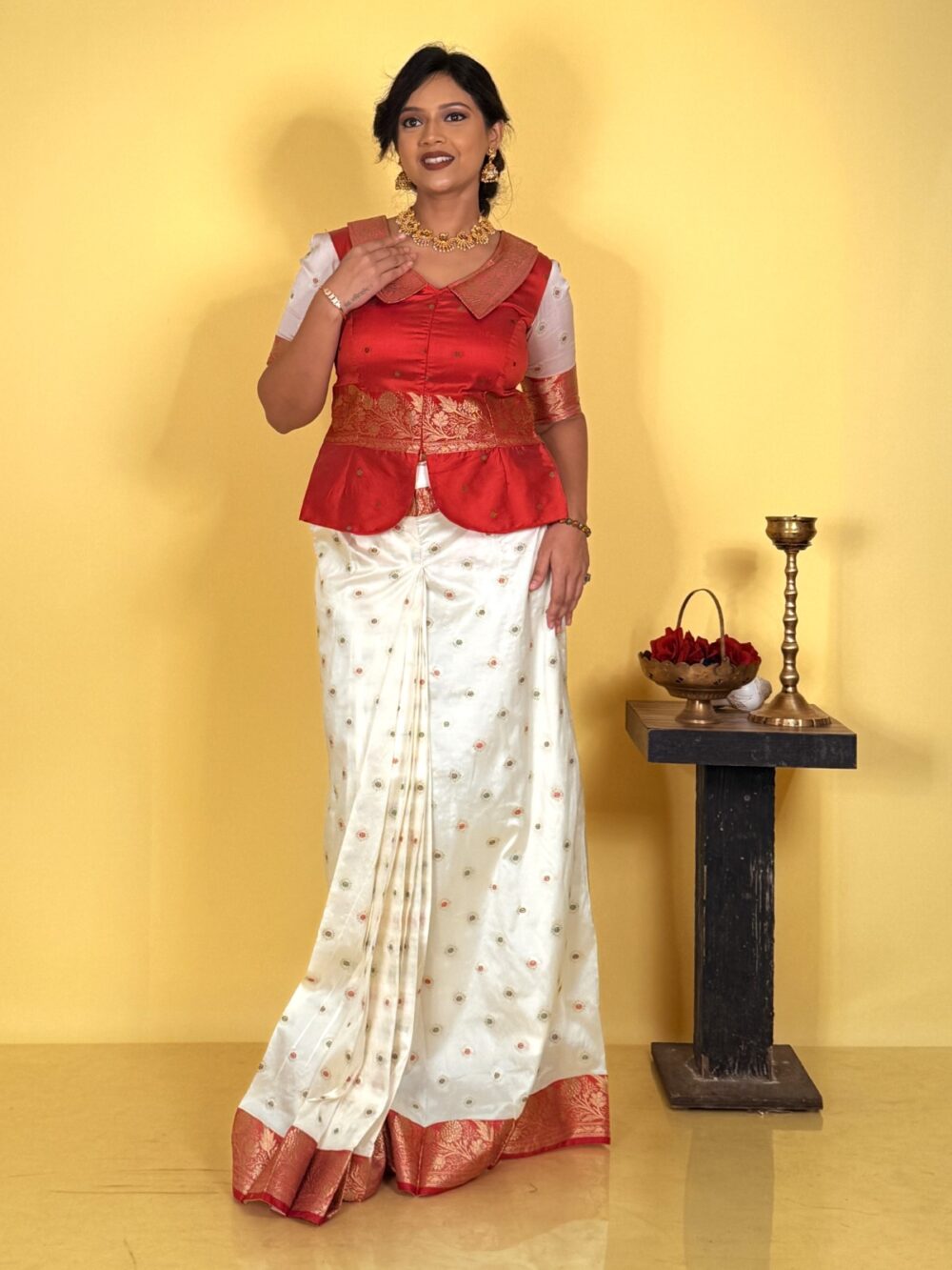 Ethereal Red & White Semi Katan Benarasi Fusion Set - Image 3