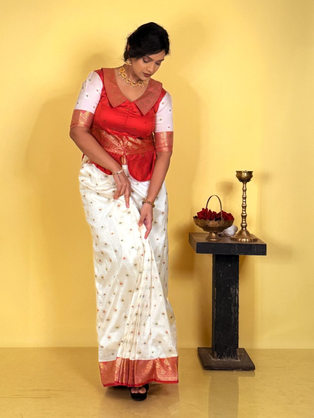 Ethereal Red & White Semi Katan Benarasi Fusion Set - Image 4