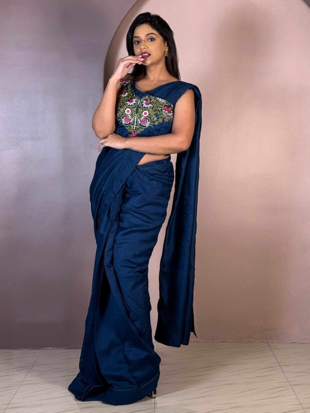 Peacock Blue Glam Ready-to-Wear Saree - Image 3