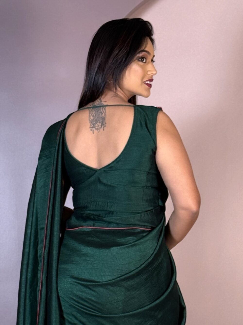 Emerald Elegance Chinon Silk Overlap Embroidered Blouse - Image 3