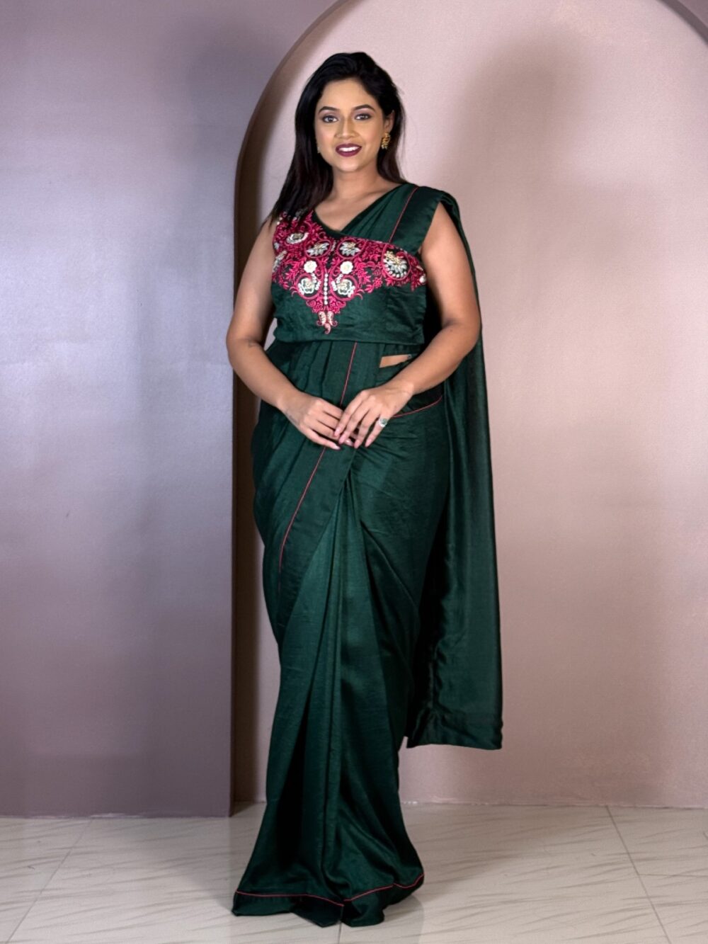 Dark Bottle Green Chic Ready to wear Saree - Image 3