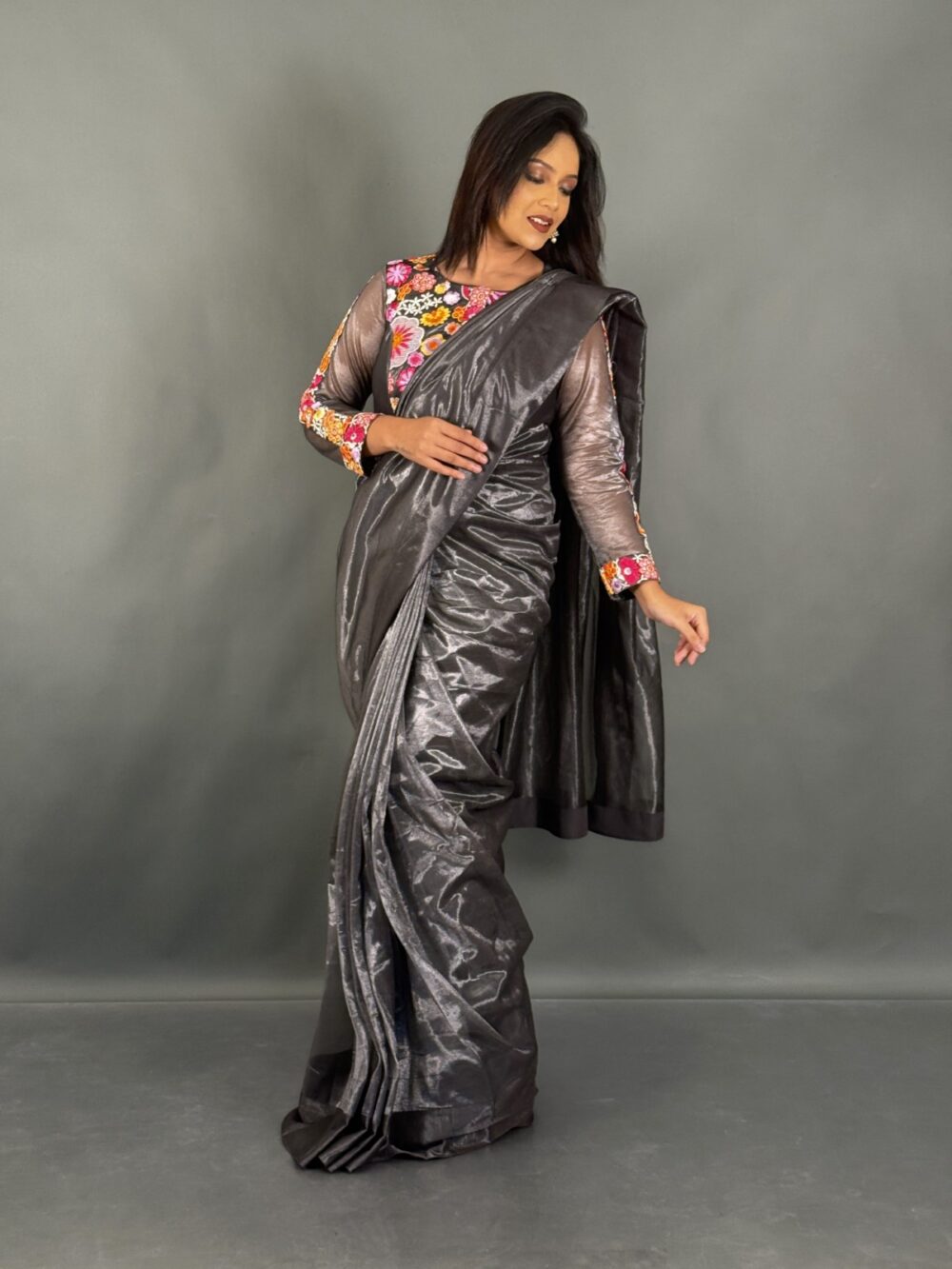 Shadow Bloom Charcoal Black Ready to wear saree - Image 3