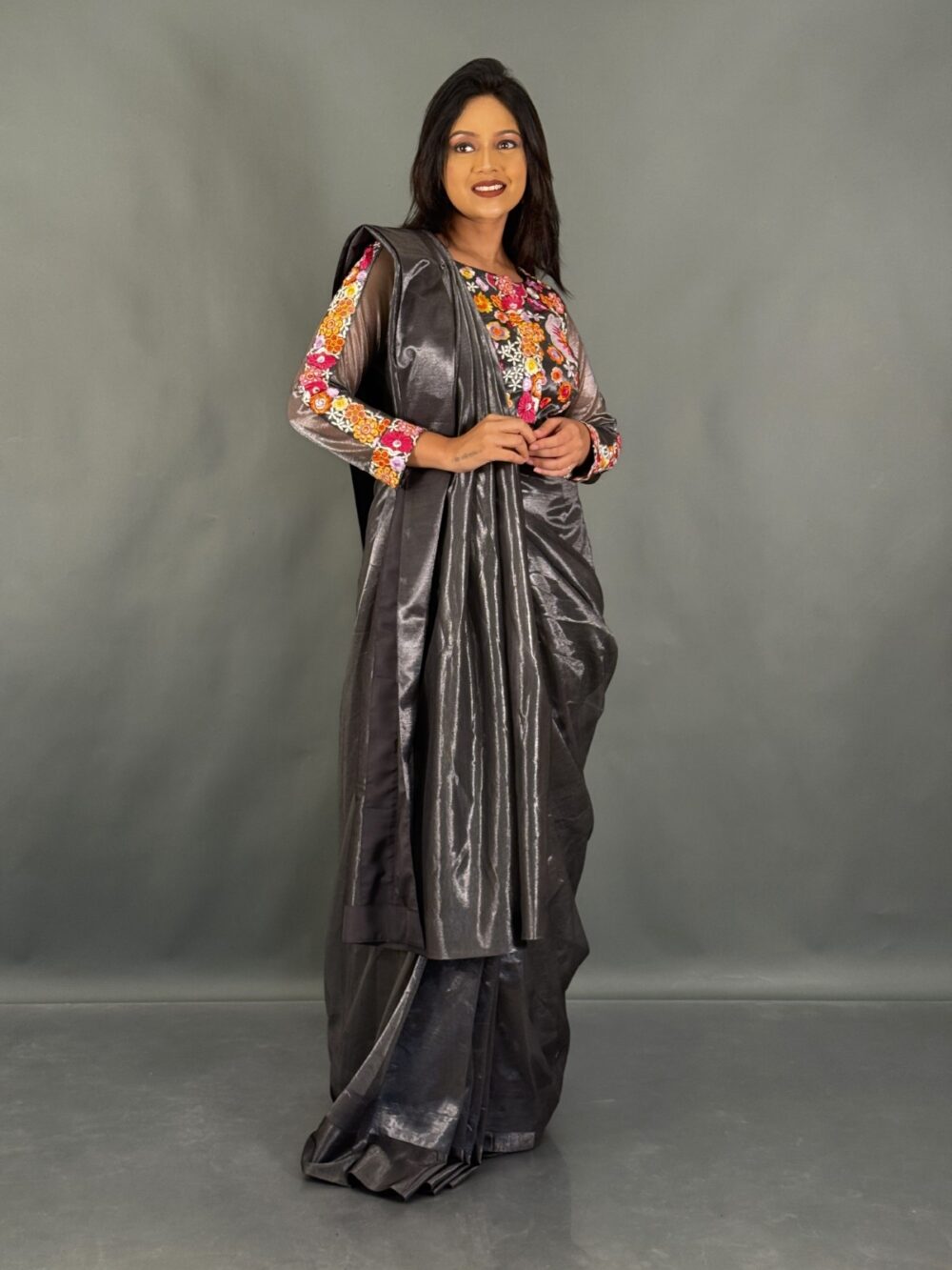 Shadow Bloom Charcoal Black Ready to wear saree - Image 4